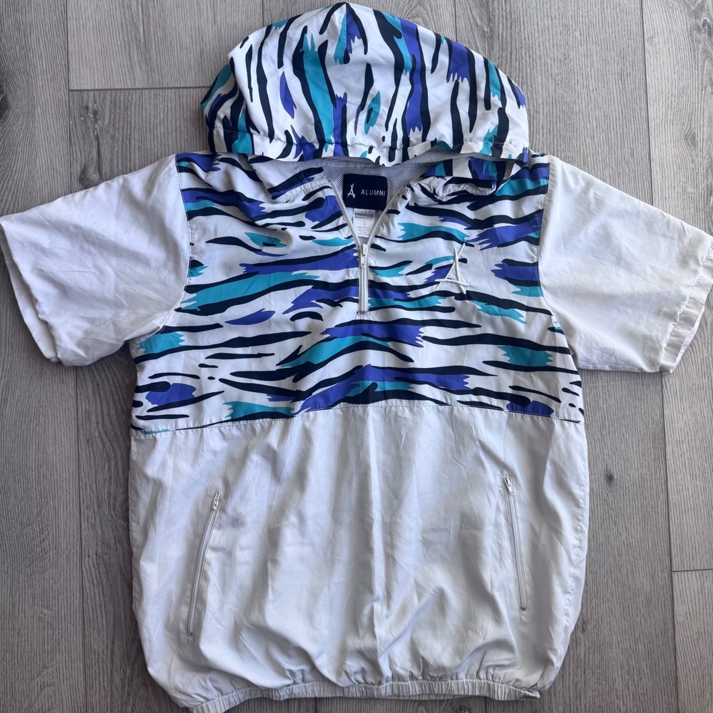 Alumni Mens S Retro 90s Style Abstract Hooded Windbreaker Anorak Quarter Zip